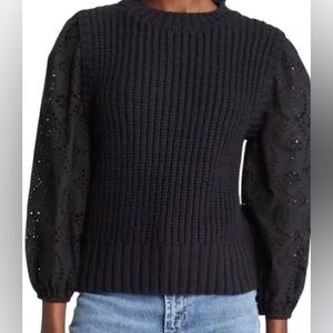 Rails Black Puff Sleeve Knit Top Eyelet Sleeve Sweater Blouse Fitted Ribbed M